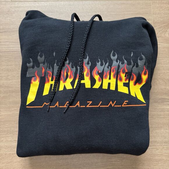Thrasher Flame Logo Hoodie Black San Francisco Skate Mag Graphic Sz M Distressed - Picture 7 of 8